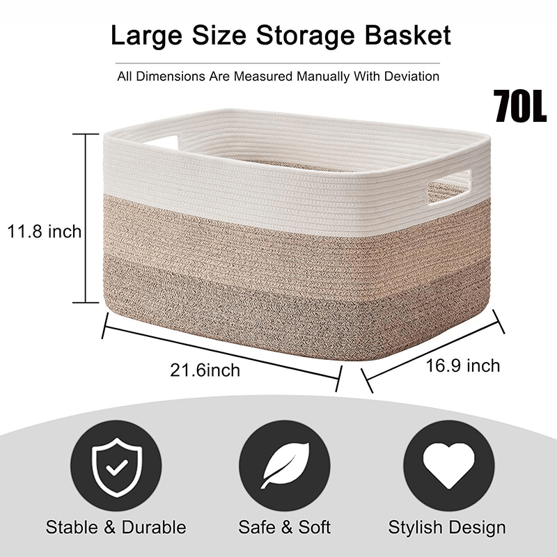 Large Woven Rope Storage Basket- Double Handle Design, 70L Capacity, Black and Beige Stripe Design, Great for, Laundry, Nursery and Living Room Organisation, 55x43x30cm, Laundry Basket, Storage Basket, Sturdy Handle Design, Shelf Basket, Shelf Baskets