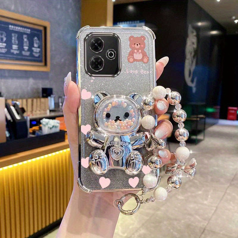 TEMU Phone Case - Luxury Phone Case With Wrist Strap, Magnetic Glitter, And A Love Heart , Compatible With Xiaomi Redmi 13, Featuring Anti-knock And