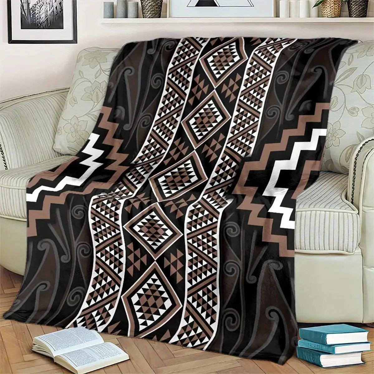 TEMU 2d Printed 39.37x29.53in/100x75cm Maori Tribal Print Blanket - Soft Flannel Bedspread With Contemporary New Zealand Tribal Patterns, All-purpose