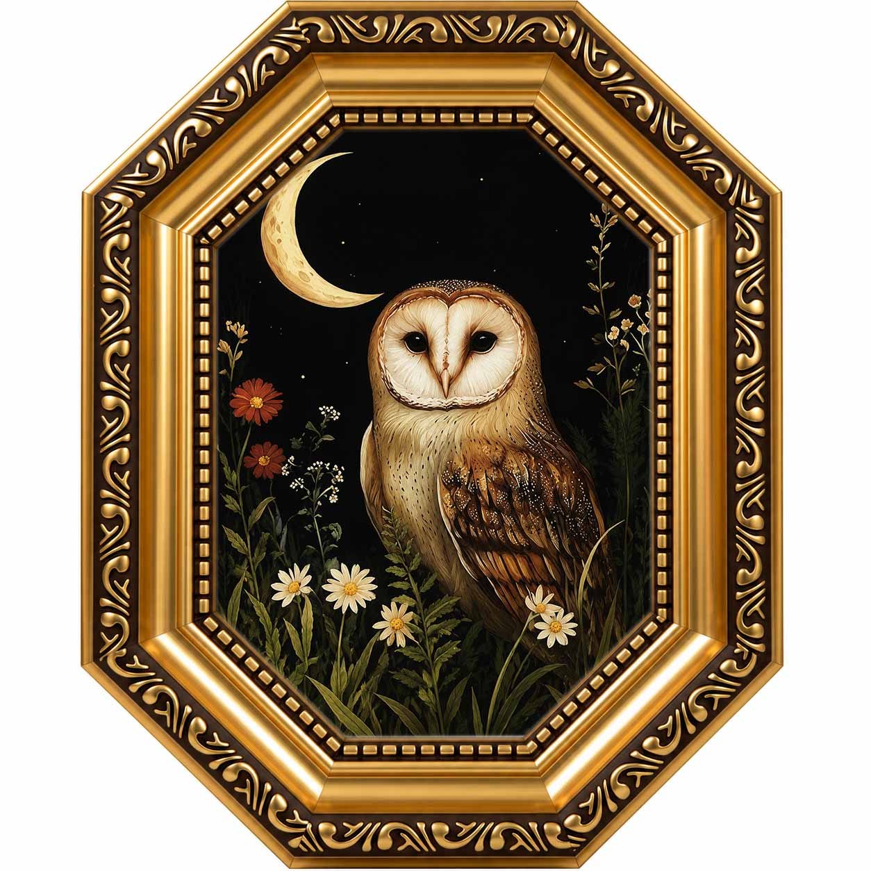 TEMU 2d Flat, 2d/flat, 1pc, Framed, Owl Under Artwork In Ps Resin Octagonal Gold- Patterned Frame, Nature-inspired Wall Art For Living Room Or