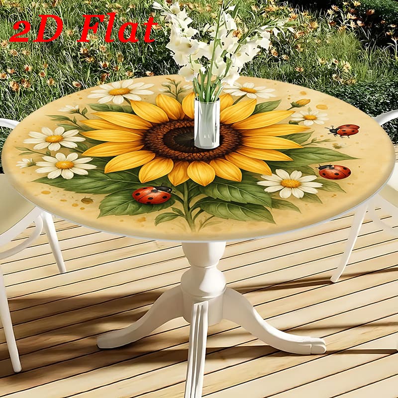 TEMU [1pc]elastic Round Tablecloth With Sunflower And Ladybug Print, Suitable For Round Tables, Stretchable And Flexible, Ideal For Home Decoration,