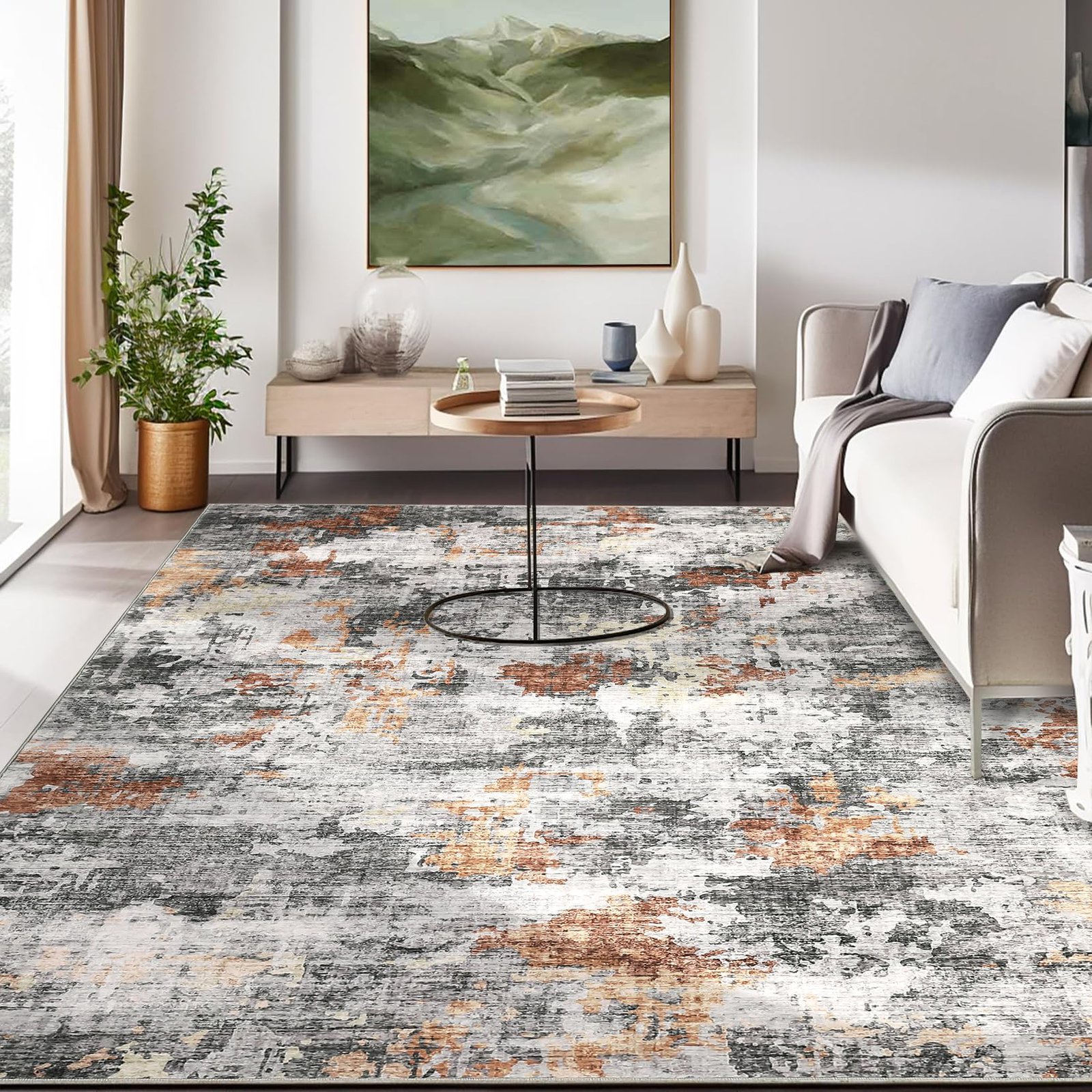 Orange-grey Abstract Area Rug 160x230cm, Non-slip Washable Floor Carpet, Mark-resistant Modern Indoor Mat For Living Room Bedroom Kitchen Office