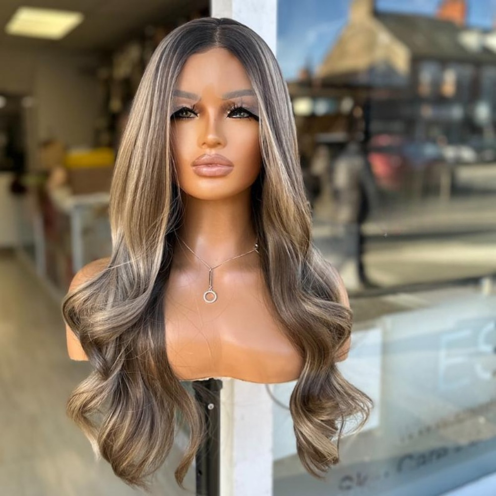 TEMU Elegant Glueless Lace Wig For Women Featuring A , Density, Curly Wave Synthetic Hair In A Black-brown To Blonde Ombre Style