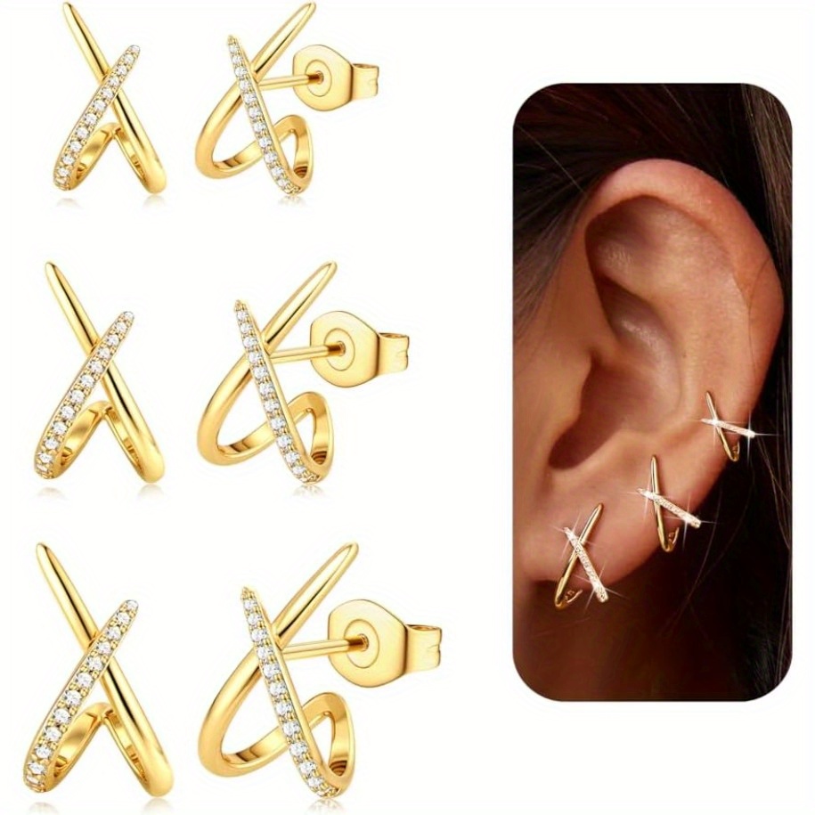 Image of 3pairs Golden Earrings For Women - Hypoallergenic 14k Golden Plated Stud Earrings Small Hoops Trendy Easy Minimalist Cubic Zirconia Stud Hoop Earrings For Women Gifts
