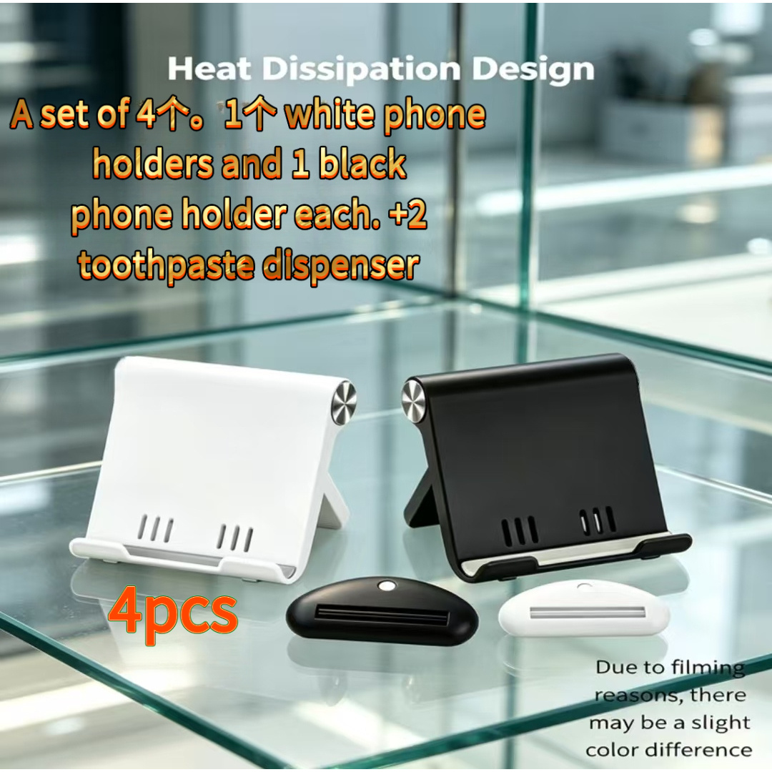 TEMU 4pcs Set Of Desktop Bedside Phone Holders, Black And White 1pc Each, Foldable Stackable 1pc Toothpaste Dispenser Lazy Holder Universal Phone