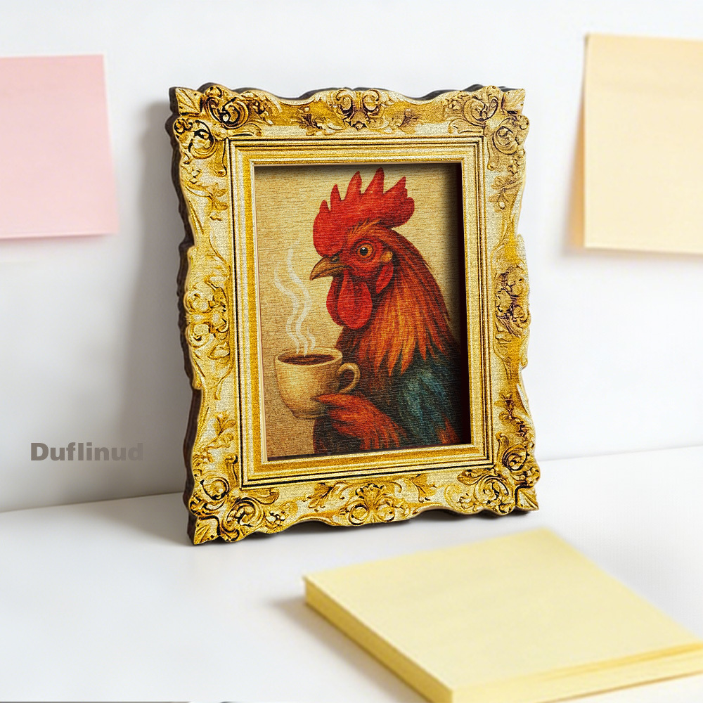 TEMU 1 Wooden Rooster Drinking Coffee Fridge Magnet, Wooden Mini Decorative Painting, Miniature Decorative Art. A Lifelike Rooster Holding A Steaming