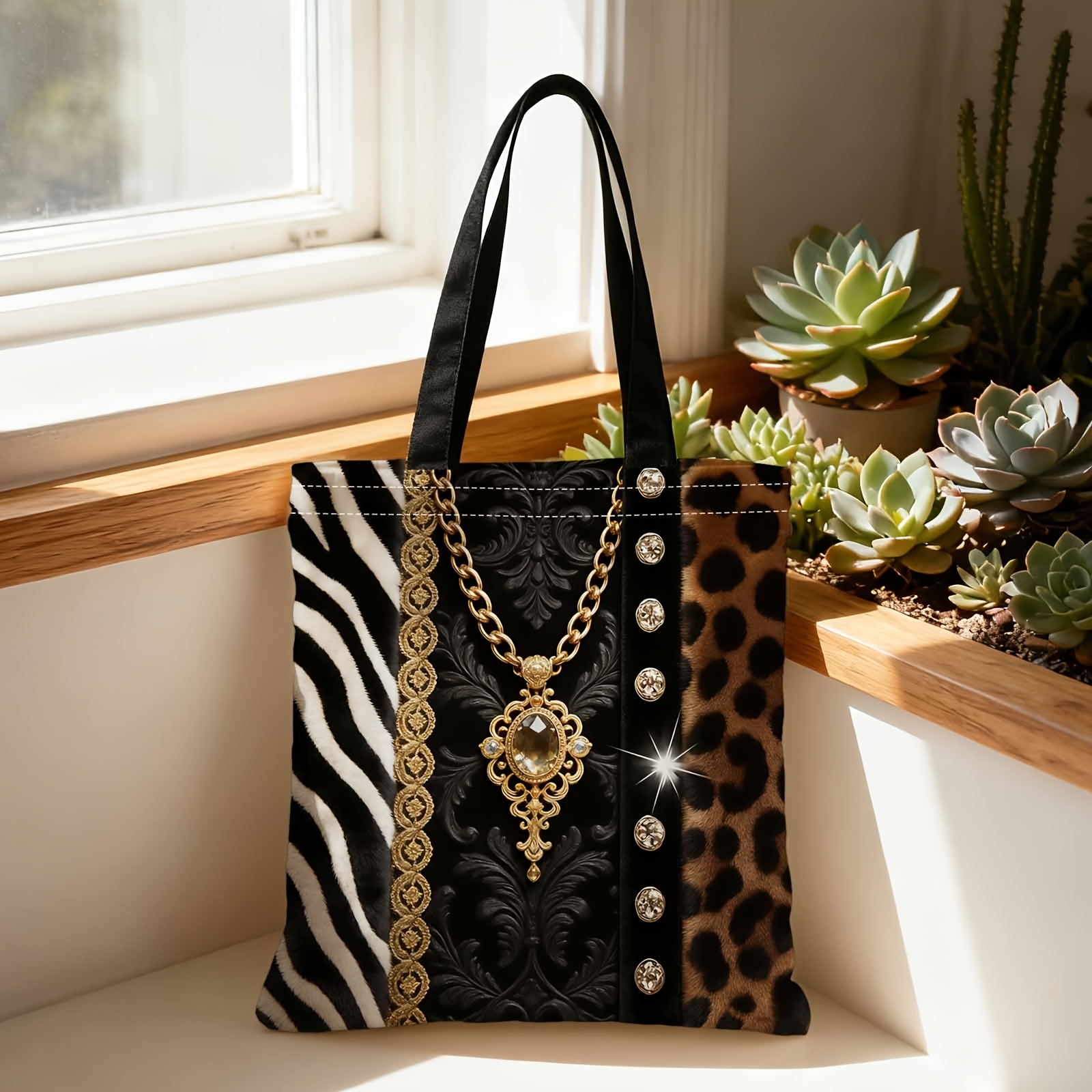 TEMU 1pc Fashionable Handbag Elegant Black Print With Zebra And Leopard Pattern For Women Shopping Party Travel