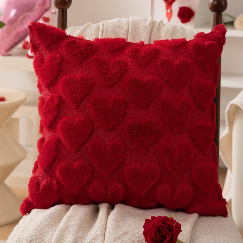 TEMU 1pc Modern Plush Cushion Cover - Red Heart-shaped Design, 45x45cm Soft Plush Pillowcase With Zipper Closure, Contemporary Style For Holiday