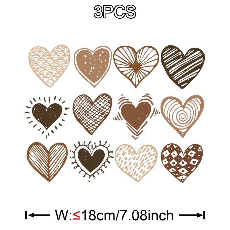 TEMU 3pcs Heart Shape Heat Transfer Stickers For T-shirts Jeans Hoodies Rustic Patterns Iron On Appliques Durable Washable Fabric Decoration For Diy