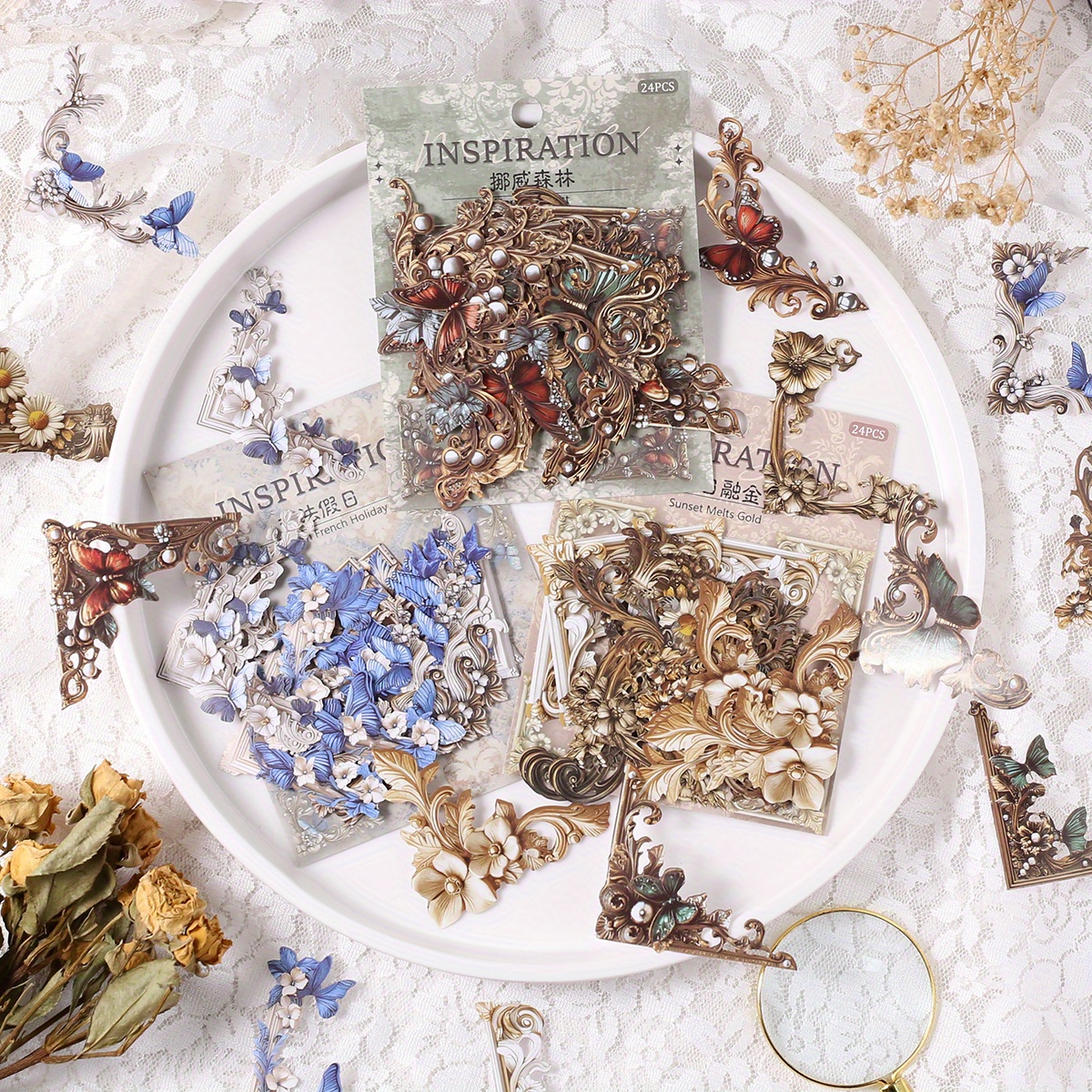 TEMU 72pcs Flower Corner Stickers Junk Journal Supplies Scrapbooking Vintage Embellishments Frame Handbook Diary Stickers For Scrapbooking Journaling