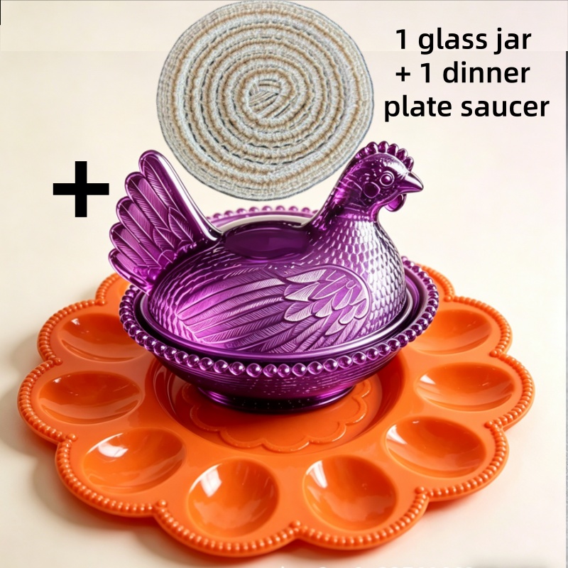 TEMU 2pcs Set Mini High-grade Amethyst Hen-shaped Glass Candy Dish With Dining Mat Set, Kitchen Countertop Decorative Desktop Dessert Dish, Snack