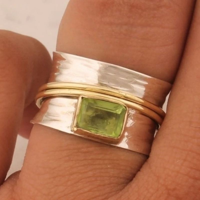 Image of Creative Personalized Inlaid Olive Green Synthetic Zirconia Ring Dual-tone Wide Band Men Women Wear Bohemian Style Jewelry