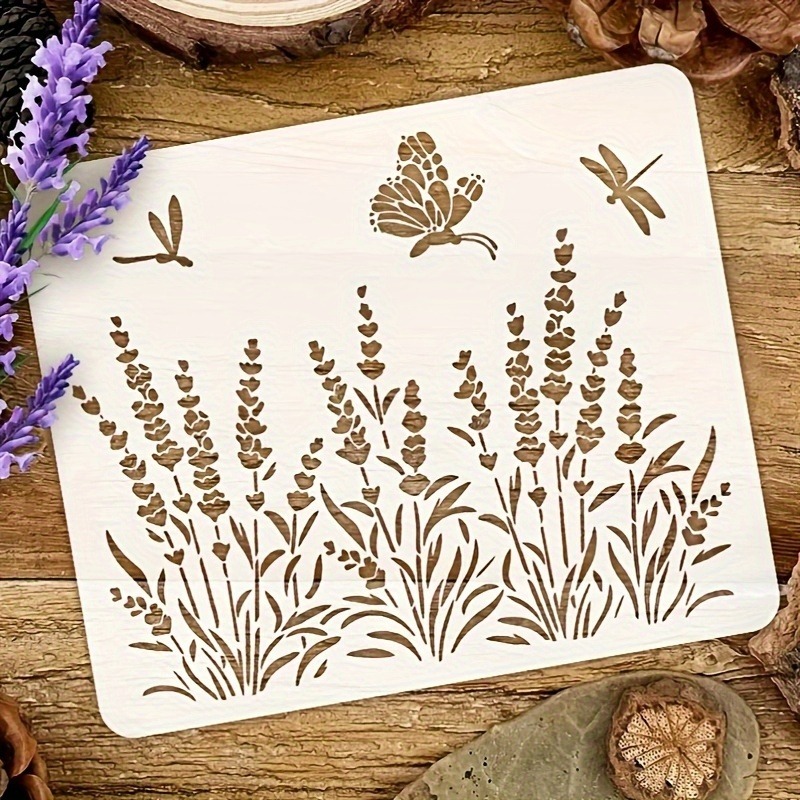 TEMU Large Lavender Flower Stencil Set - And Dragonfly Templates, 12" X 10" (30.48cm X 25.4cm), Reusable Pet Plastic Painting Stencils, Suitable For