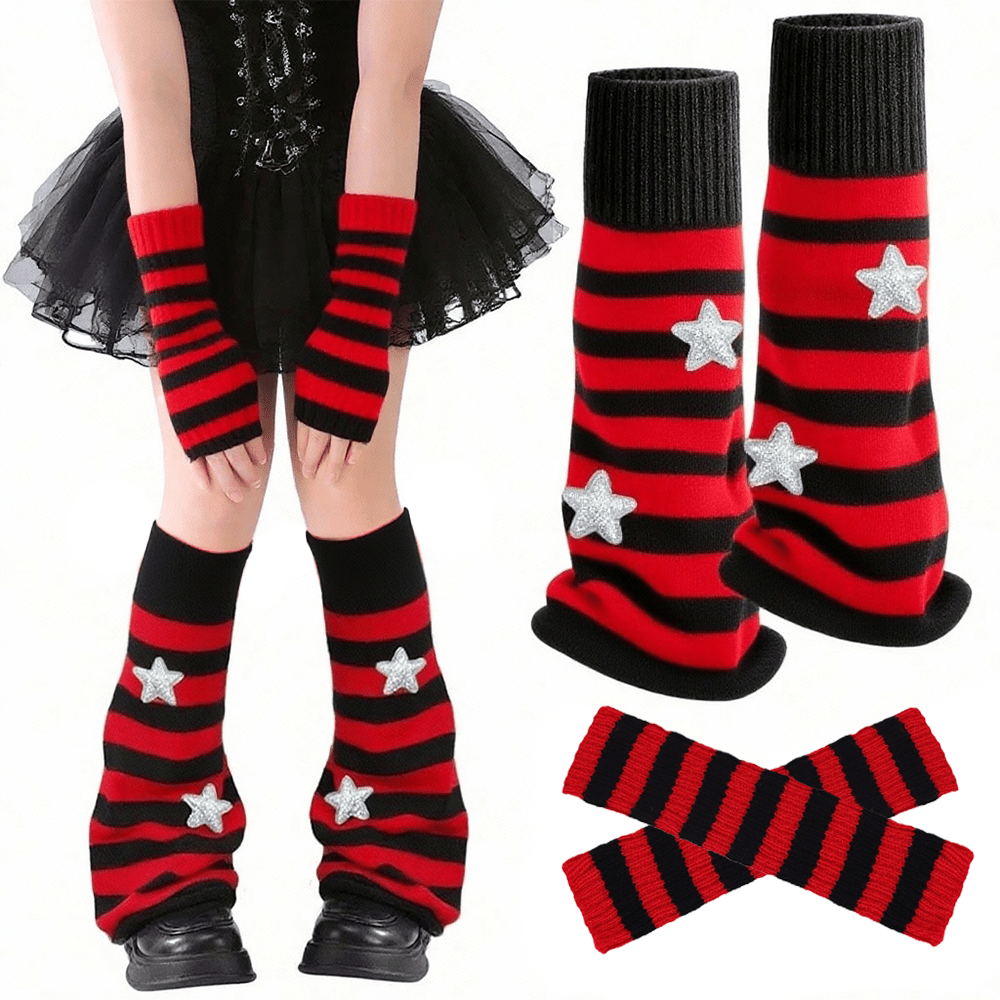 TEMU Women's Retro Y2k Leg & Arm Warmers Set - Elastic Thermal Sleeves & Calf Protectors, Machine Washable For Parties, Festivals, Themed Events -