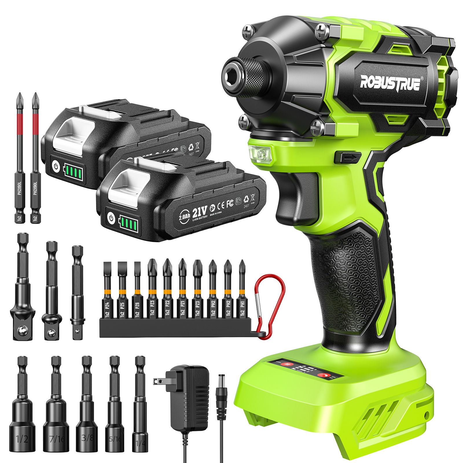 TEMU Robustrue 21v Impact Driver 1/ 4" Hex Cordless Impact Driver, 230n.m (2, 035in-lbs) Brushless Impact Driver Drill Set, 20psc Screwdriver Bits,