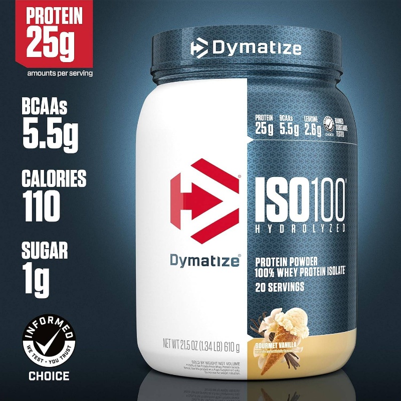 589.67g (591 Servings) ISO100 Vanilla Whey Protein Isolate Powder - Fast-Acting Hydrolyzed BCAA-Rich Post-Workout, Building Supplement, Informed-Choice, Gluten-Free & Pure Whey Isolate for Bodybuilding Shakes