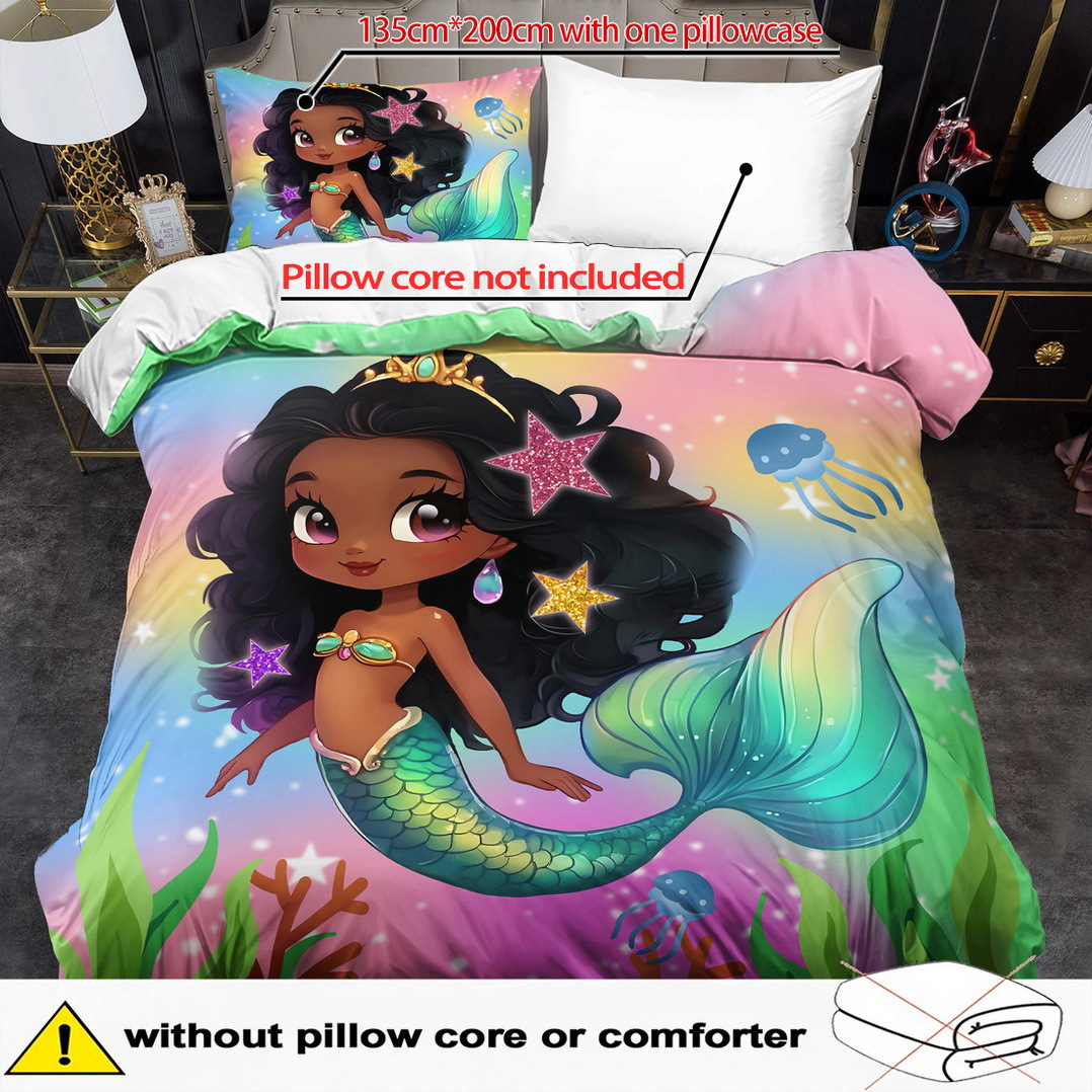 TEMU Parure de Housse de Couette 2/3 Pièces, Housse de Couette à Imprimé Princesse Sirène de Dessin , Linge de Lit Queen, Polyester Lavable en