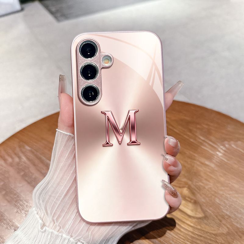 TEMU Phone Case: Pink Golden Letter Pattern Glass Phone Case, Suitable For Galaxy