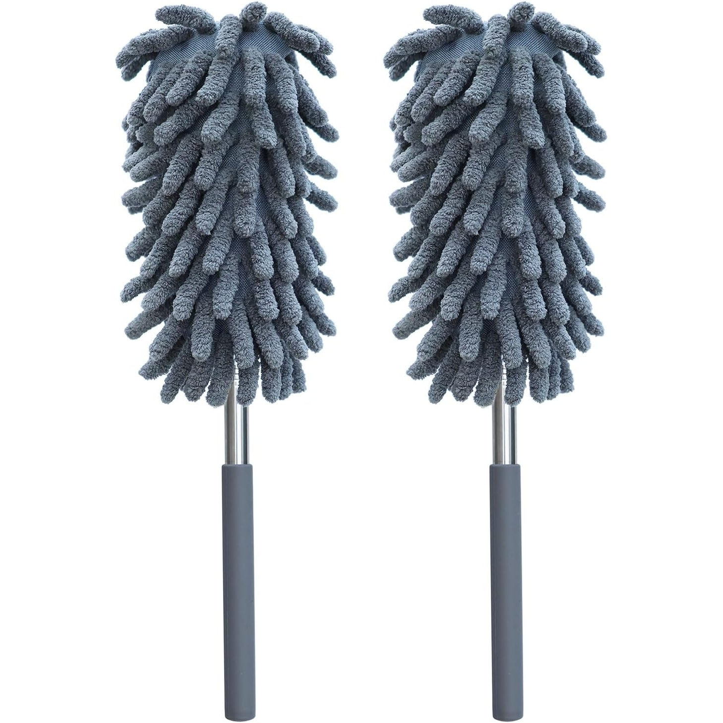 TEMU 2pcs Gray Microfiber Duster, Washable, With Telescopic Pole, Suitable For Dry And Wet Cleaning Of Cars, Ceiling Fans, Windows, Furniture, And