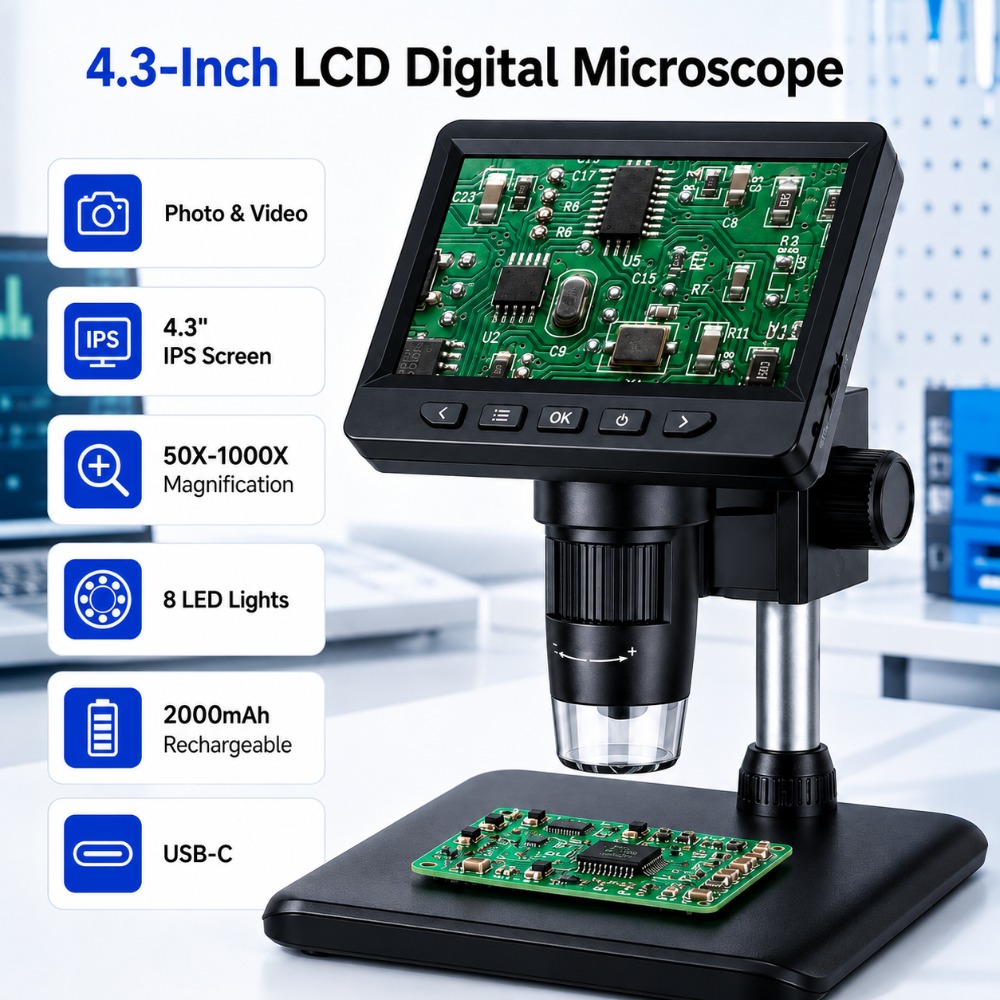 Image of 50x- Digital Microscope With 4.3' Lcd Display, 8 Led Lights, 2000mah Rechargeable Battery, Photo & Video Function, Portable Usb-c Microscope For Electronics, Jewelry, Plants & Diy Inspection