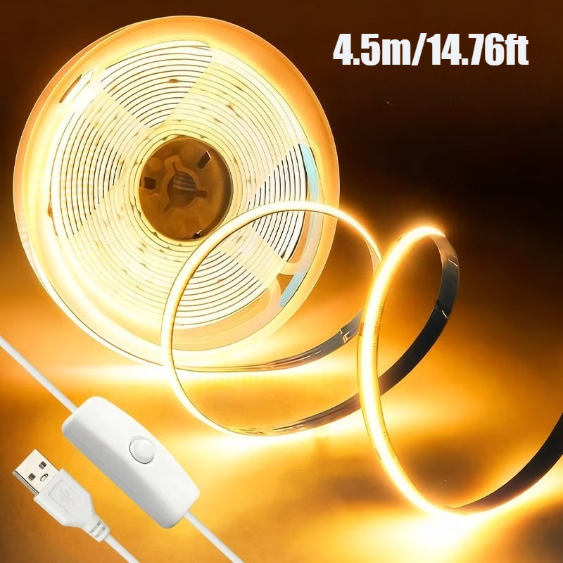 TEMU Striscia LED COB alimentata tramite USB da 0.5M-4.5M con controllo a , caldo, freddo, design flessibile e pieghevole, facile installazione, luce