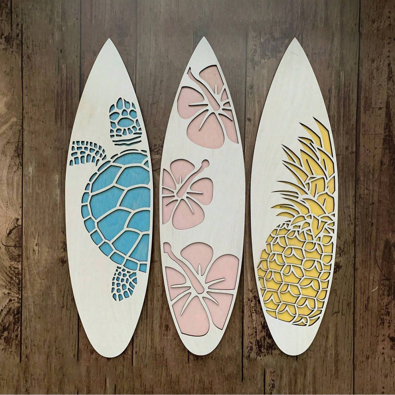 Blulu Surfbrett-Wanddekoration – 4-teiliges Set, Hawaiianisches Tiki-Design, Aus Holz
