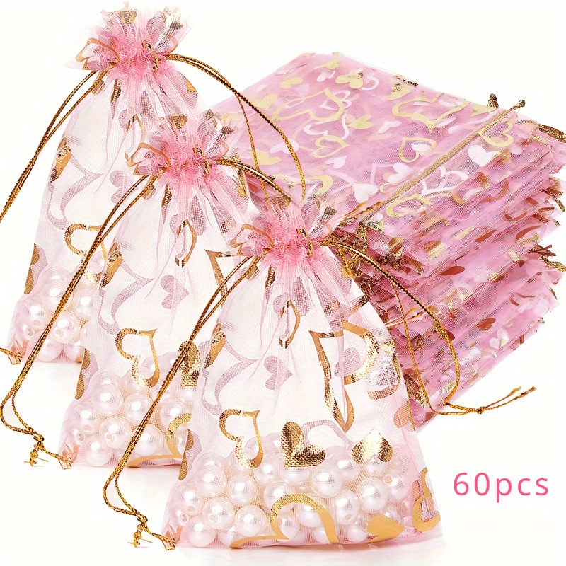 

60pcs Pink Organza Gift Bags With Golden - Valentine's Day, Weddings & Jewelry Packaging