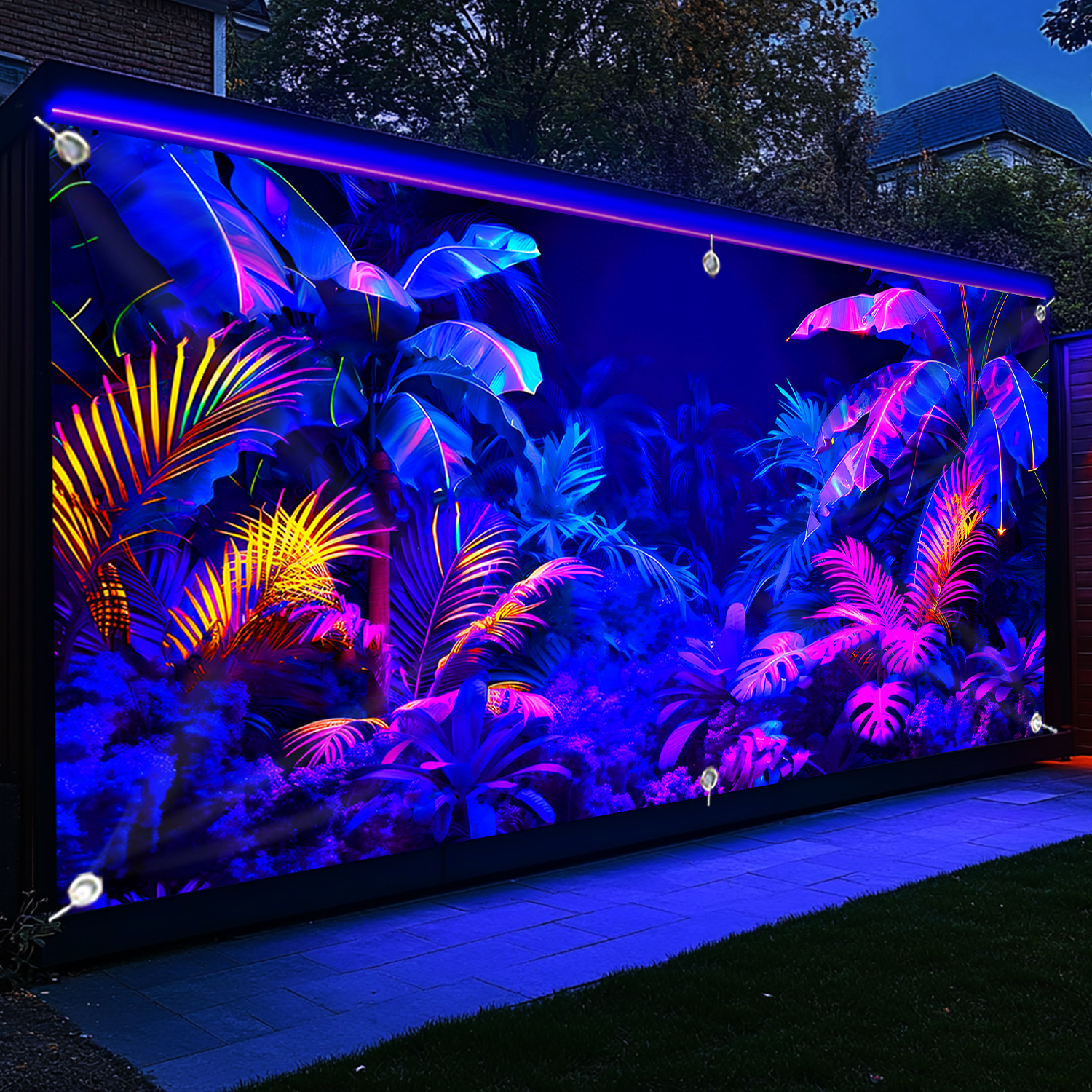 TEMU 1 pièce Bannière pour porte de garage Jungle Néon aux Plantes Colorées - Brille sous les UV, Grande Décoration Murale en Tissu à Fluorescence,