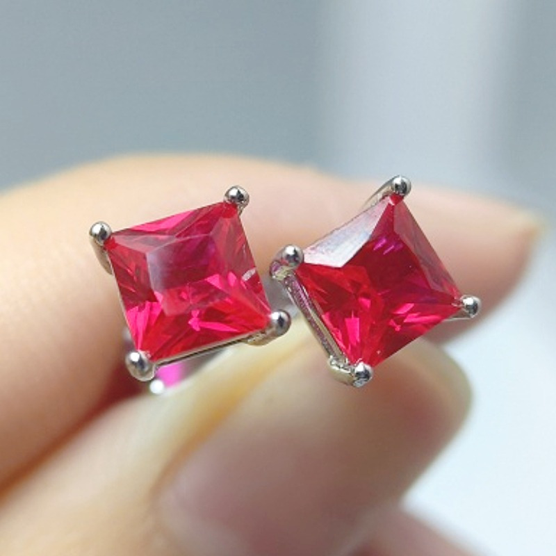 Unique 925 Silver Square Synthetic Red Gemstone Earrings
