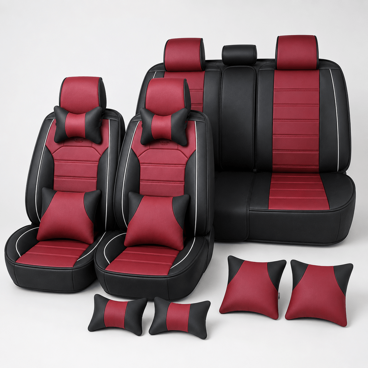 5 Seat Cover 5-seater Full Set, Red And Black Car Seat Covers For Cars, Durable Pu Leather Seat Protector Set With Rear Bench Cover