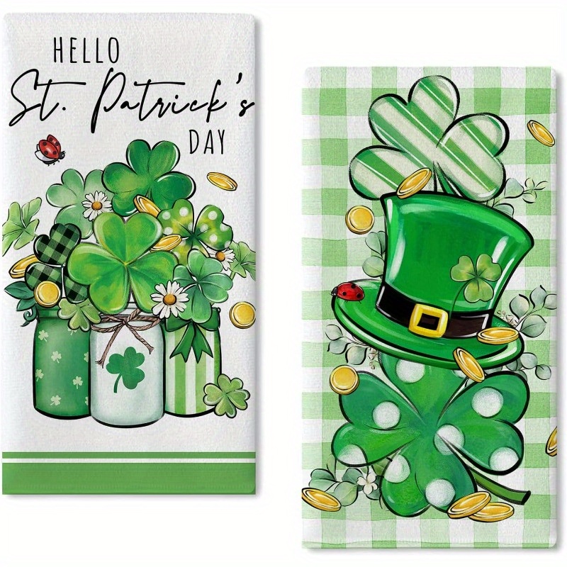 

2pcs 's Day Kitchen Towels - Ultra Soft Polyester, Green Shamrock & Design, Drying Hands & Cooking, Machine Washable, Decor