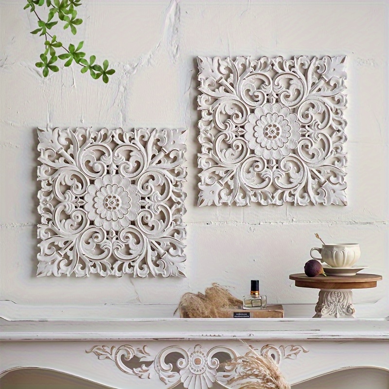 2pcs Vintage Floral Wall Decor - Circular Pattern White & Natural   Handcrafted Recycled Wood Art Panels,   Hardware Included, Horizontal Wall-Mounted Décor for Living Room, Entryway, Wedding & Home Decoration - Rustic Farmhouse Style Indoor Décor, Wooden Decor, Home Decor Living Room, Wooden Appliques Decorative, Living Room Wall Decor, Outdoor Wall Art