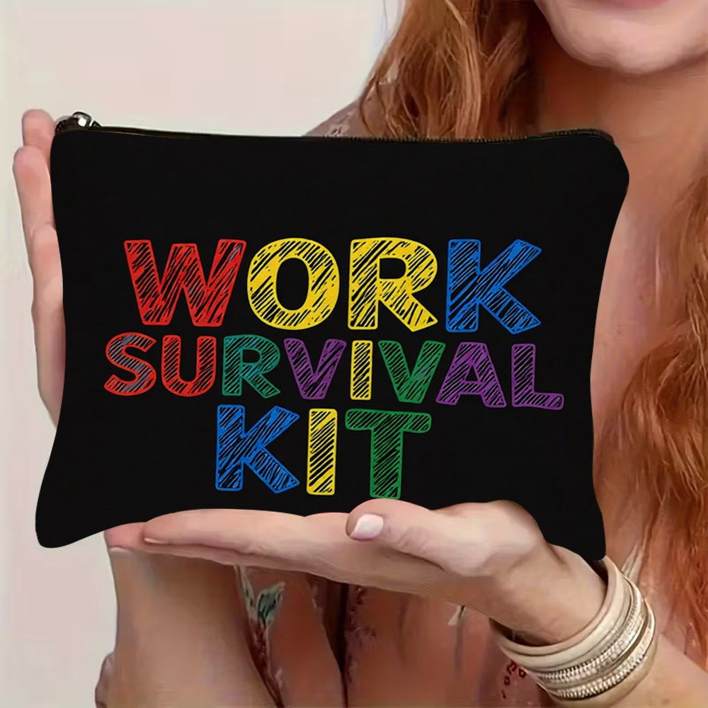 TEMU 1pc 2d Flat Printed Cosmetic Bag With Vibrant Hand-drawn Sketch "work Survival Kit" Letter Pattern, Featuring Zipper Closure, Lightweight And