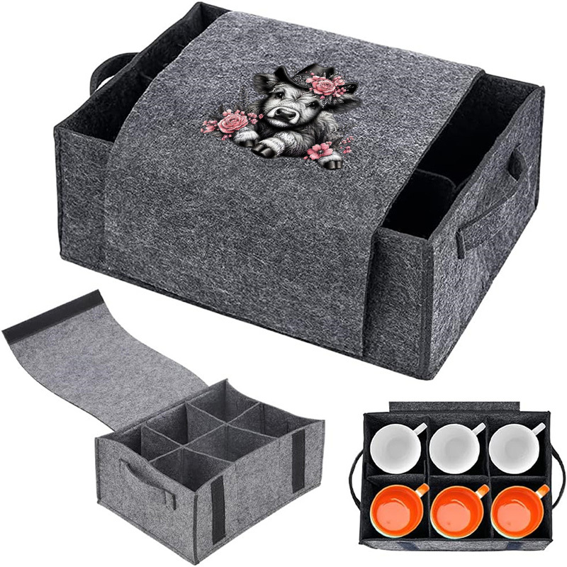 TEMU 1pc Portable Storage Box With Highland Cow And Floral Pattern, Thickened Multi-compartment Organizer With Lid And Handles For Mugs, Glassware,
