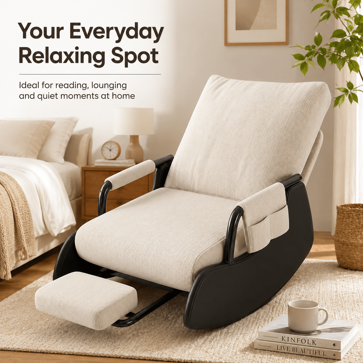 TEMU Living Room Rocking Chair, Sofa Chair, Armchair With Foldable Footrest And Side Pockets, Comfortable Living Room/bedroom Rocking Chair.