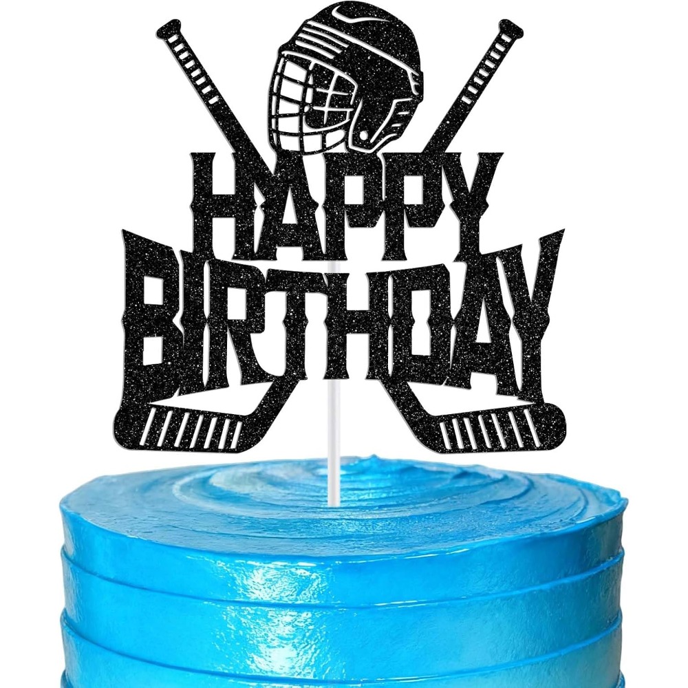 Image of Ice Hockey-themed Birthday Cake Topper For Fans, Perfect For Winter Sports Celebrations And Party Decorations With Black Glitter