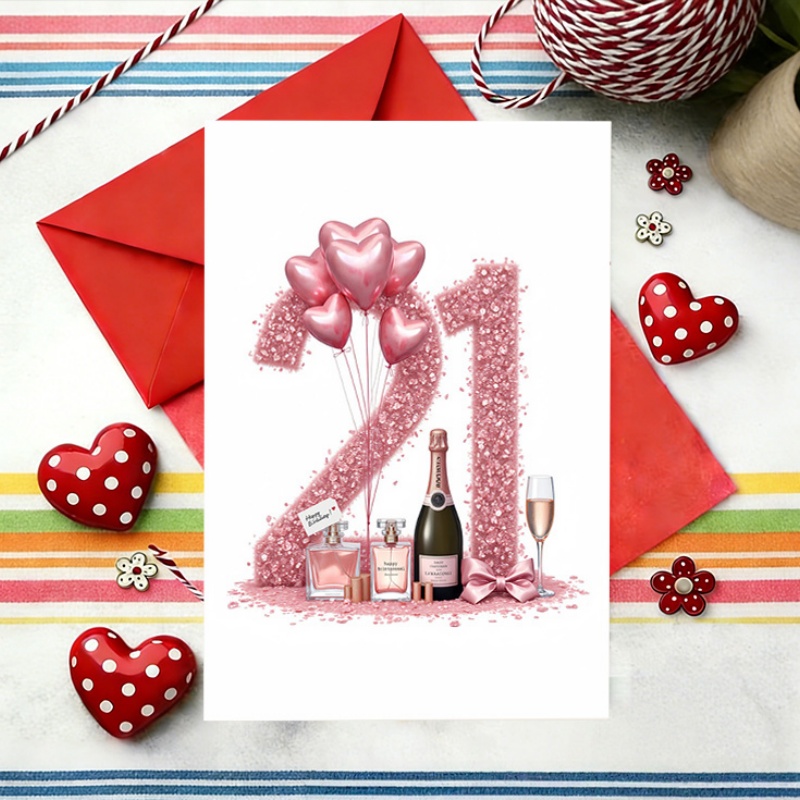 TEMU 1pc A Birthday Card Featuring A Pink Romantic Design With Heart-shaped Balloons, Charming And Sophisticated, Celebrating A 21st Birthday, Great