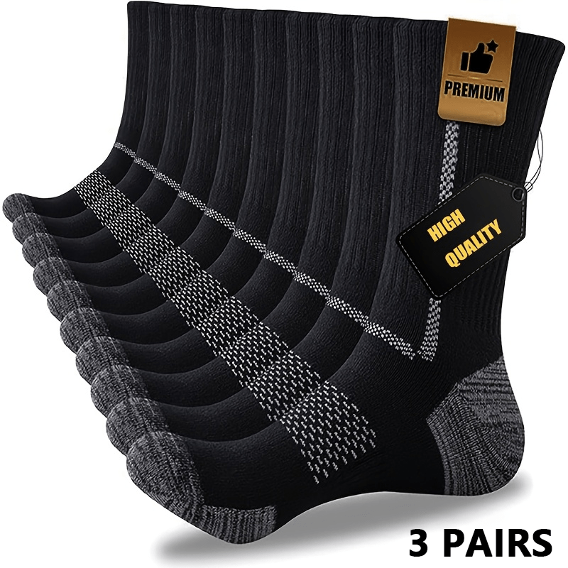 TEMU 3 Pairs Of High-quality Men's Moisture-wicking, Breathable, Comfortable Mid-calf Outdoor Socks With Vertical Stripes, Suitable For Hiking And