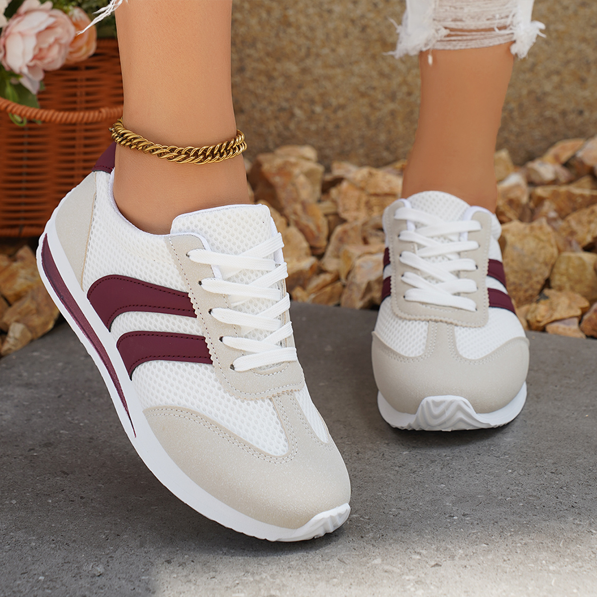 womens casual athletic sneakers white burgundy lace rubber Temu