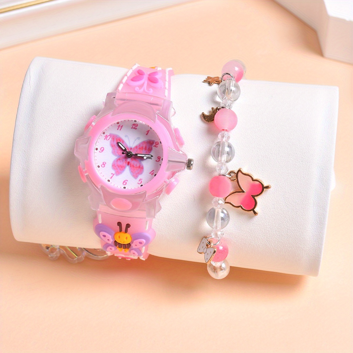 New Style 2pcs/set 3d Silicone Belt Led Flash Luminous Quartz Watches For Kid Children Fashion Flower Girls Wristwatch With Beads Bracelets