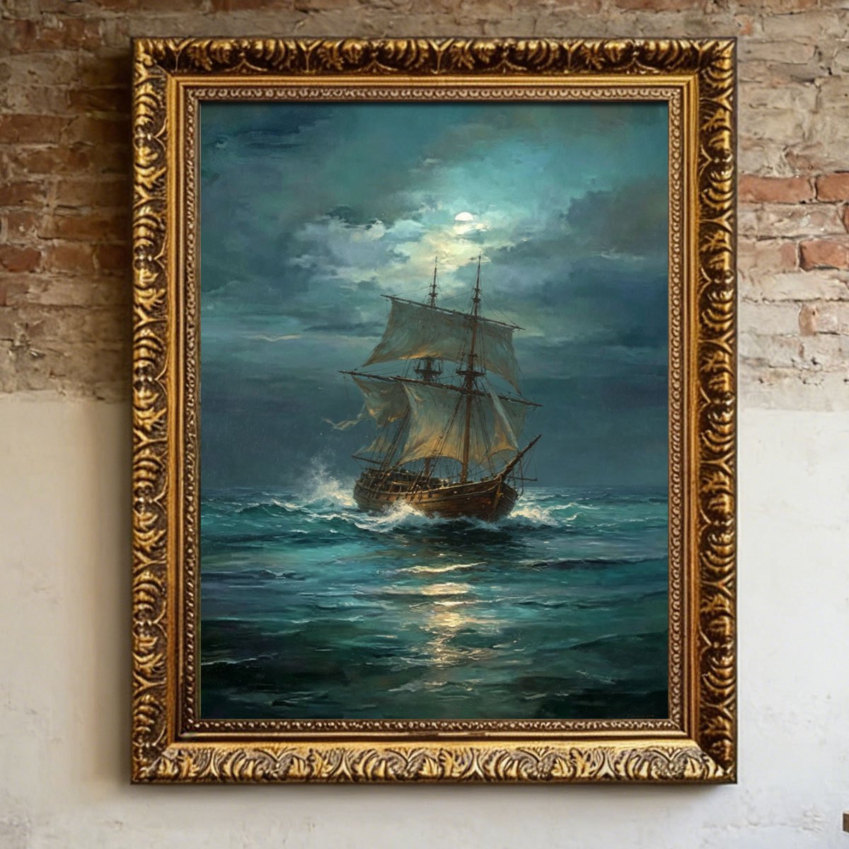TEMU 2d Flat, 1pc 1pcs Golden Framed Nautical Sailing Ship Wall Art - Vintage European Retro Maritime Poster, Wrap-around Canvas Frame Suitable For