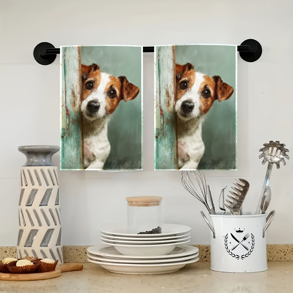 TEMU 2pcs Terrier Face Kitchen And Bathroom Towels - Reusable Soft Towel Fabric, Cute Design, Suitable For Kitchen, Bathroom, Car, Gift - Theme Home