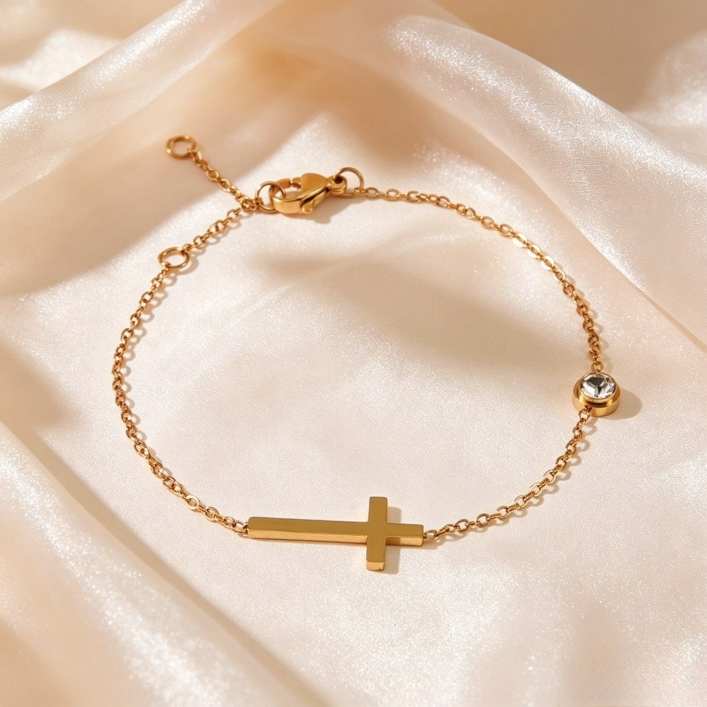 18K Gold-Plated Horizontal Cross Thin Bracelet