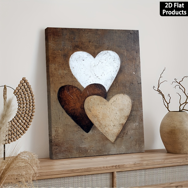 TEMU 2d Flat, 1pc Modern Bohemian Wood-framed Canvas Poster - Wrap-around Frame Suitable For Bedroom Decor, Neutral White/brown/beige Heart Wall With