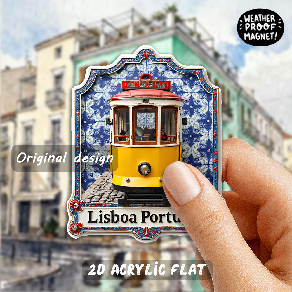 TEMU 1pc 2d Flat, Lisbon Portuguese Trolley Magnet Vintage Design, Blue And White Tile Pattern Strong Acrylic Magnet Refrigerator And Dishwasher,