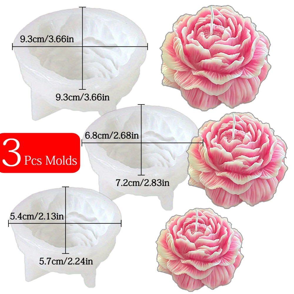 TEMU 3 Pezzi Stampo per Candele Profumate alla Peonia, Stampo in per Fiori in Resina Fai da Te, Strumento per Artigianato in Gesso Resina e Argilla