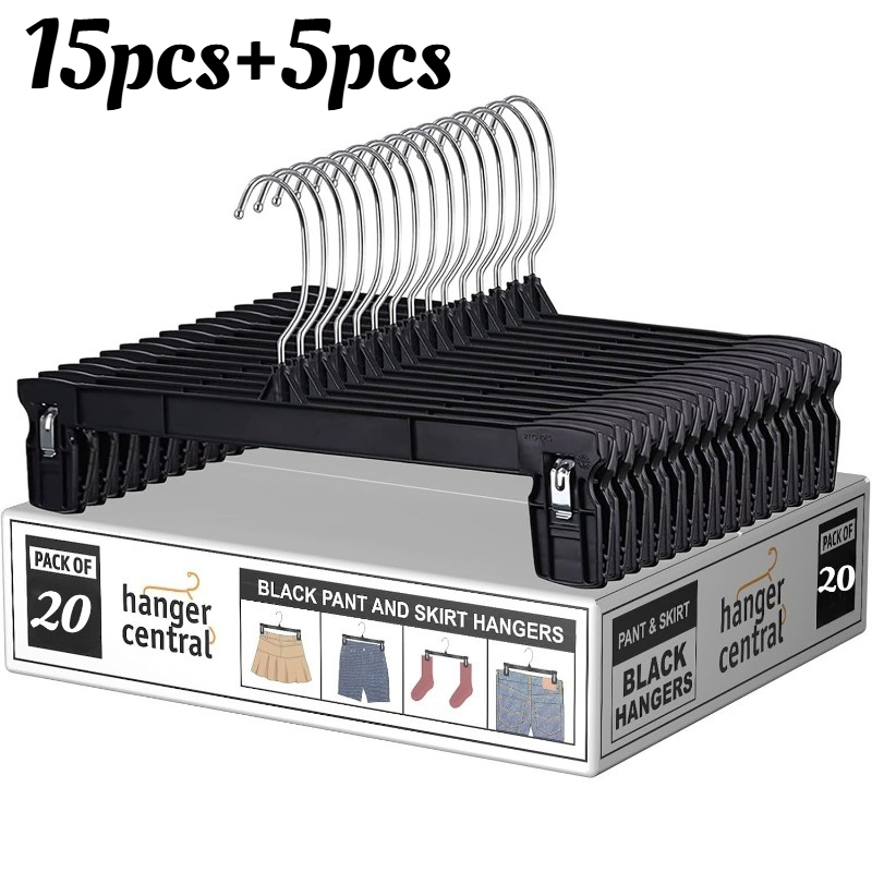 Image of 15+5 Pack Pants Hangers Slim Plastic Clothes Hangers With Clips For Skirts, Shorts & Trousers - Non Slip Grip, Heavy Duty Space Saver With Swivel Hook - Organizer - 12 Inch