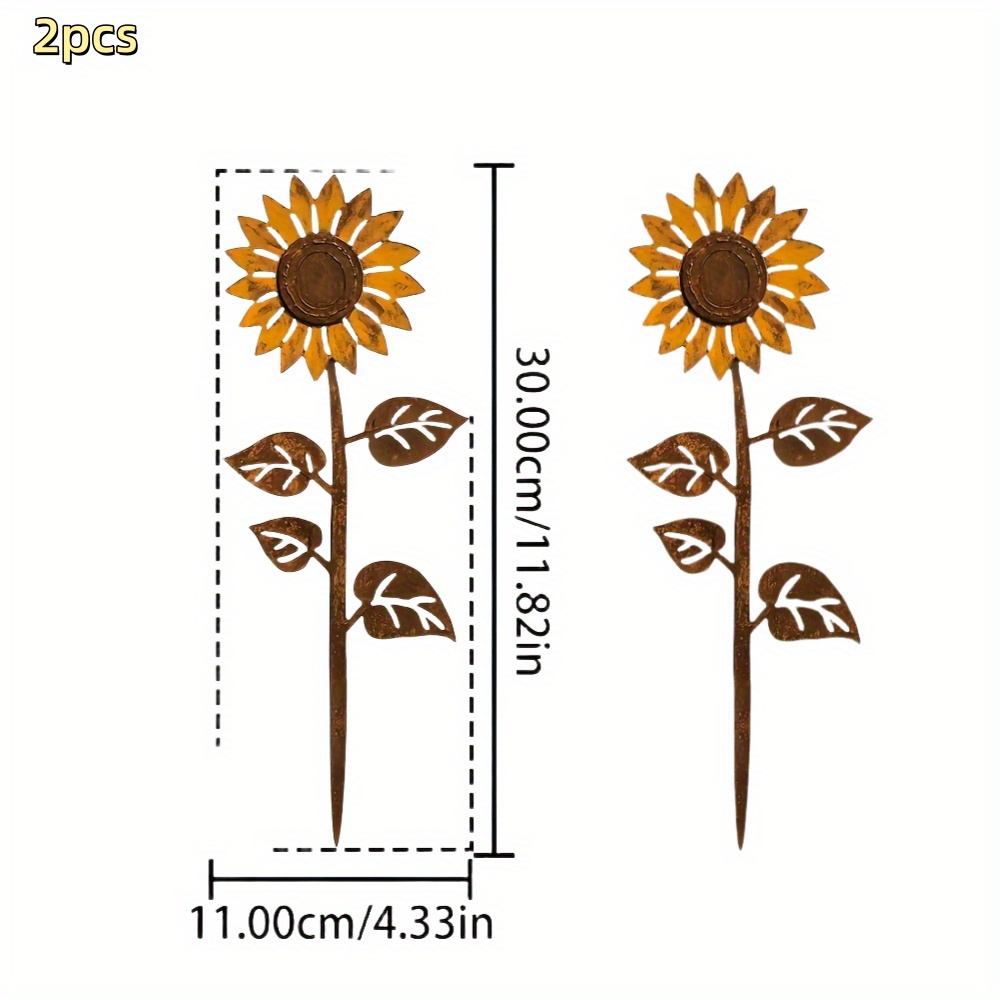 E-shop 2D Flat - 2 Stück Sonnenblumen Metall Gartenstecker, 2D Flat Eisenkunst Dekoration, Geeignet für Hof, Terrasse, Topfpflanzen, Zäune, Outdoor