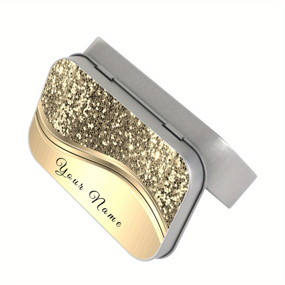 Personalized Glitter Name Text Metal Hinged Tin Box