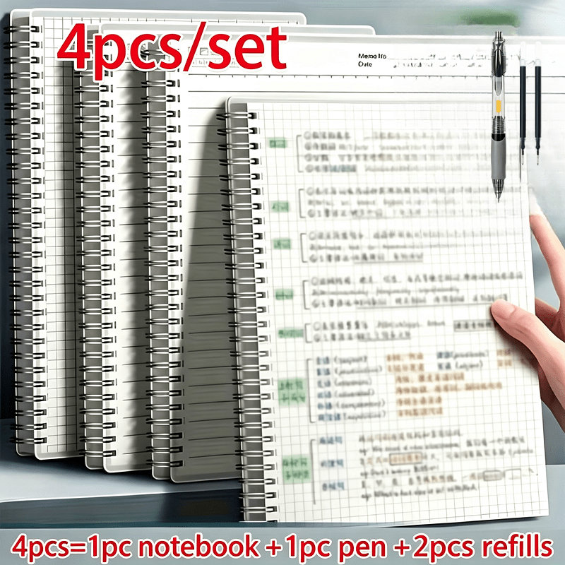 TEMU 4pcs Set: 1 A5 Grid Spiral Notebook, 160 Pages (80 Sheets) Of High-quality Thick Paper, 1 Pen With 2 Refills, 0.5mm Quick-drying Pen, Grid Diary